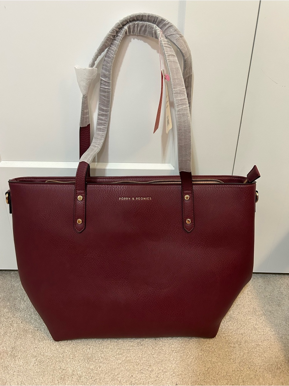 Poppy & Peonies Wine Red Tote with Gold Hardware